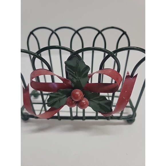 Metal Christmas Holiday Tabletop Napkin Holder Green With Red Bow - Picture 2 of 7